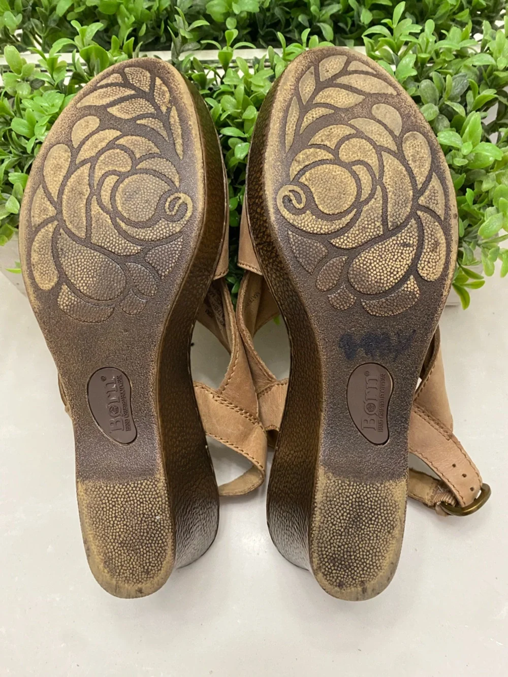 Børn Tan Leather Crisscross Slingback Wedge Sandals Opanka‎ Comfort Size 10